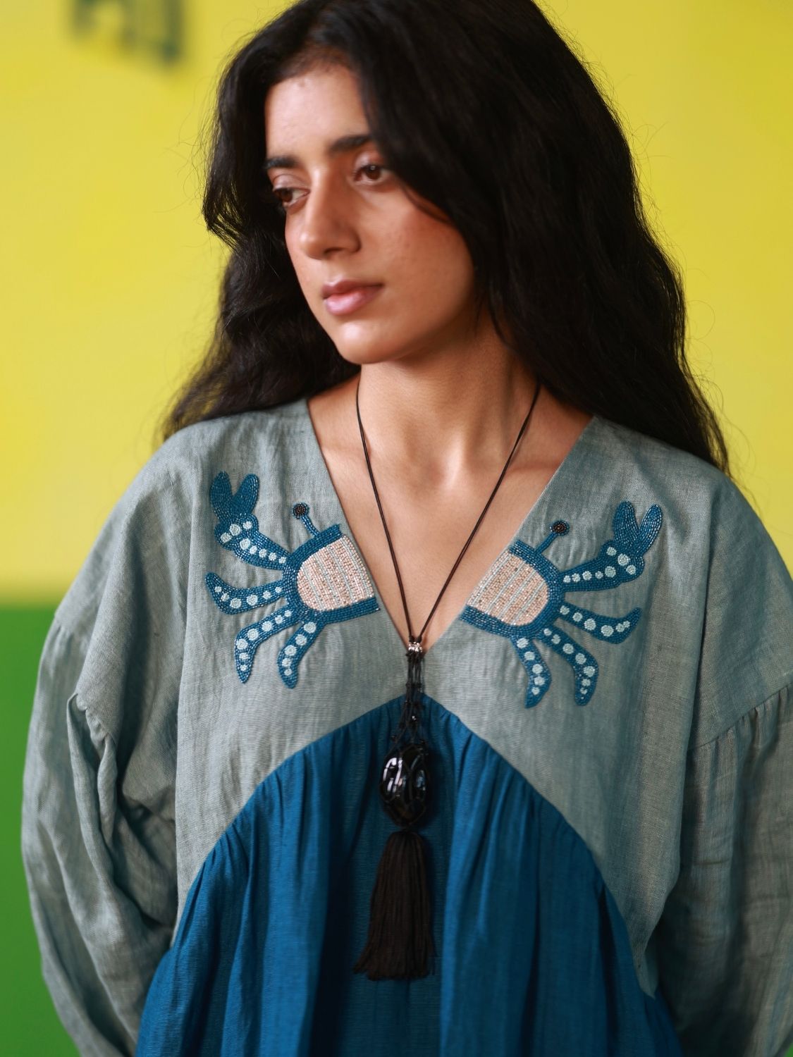 Winglore - Hand Embroidered Linen Crabby V-Neck Dress - CiceroniDressesWinglore