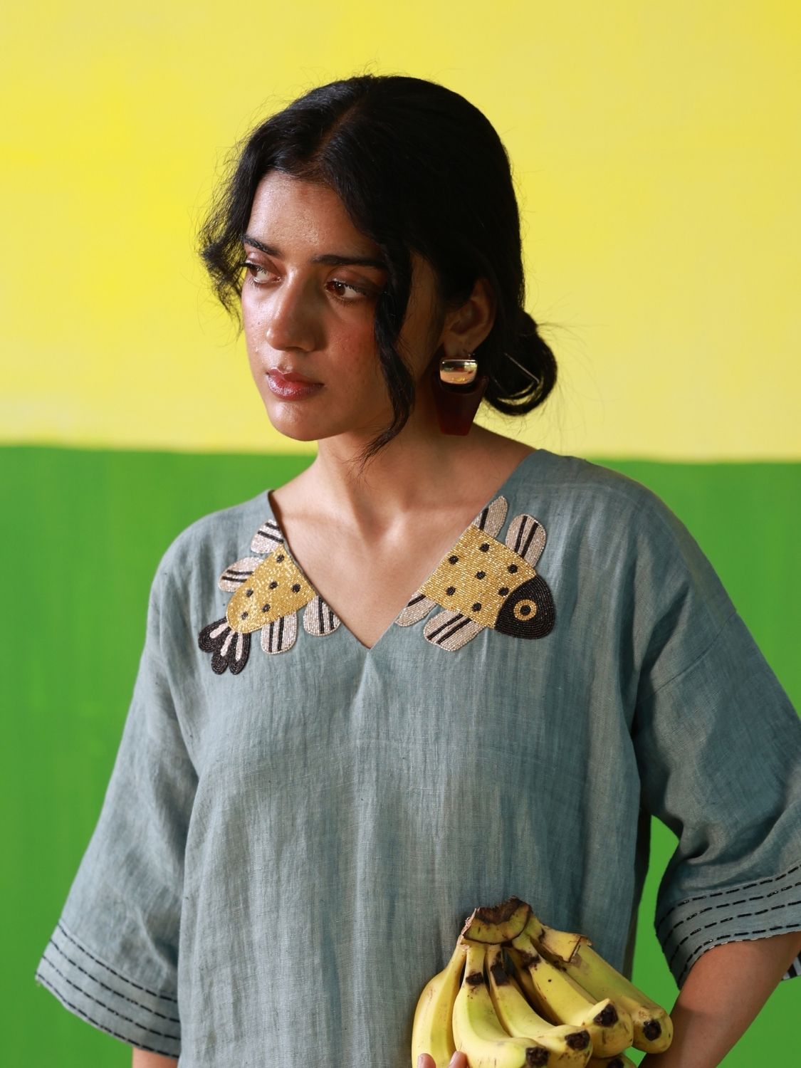 Winglore - Hand Embroidered Oil Blue Linen Kaftan Dress - CiceroniDressesWinglore