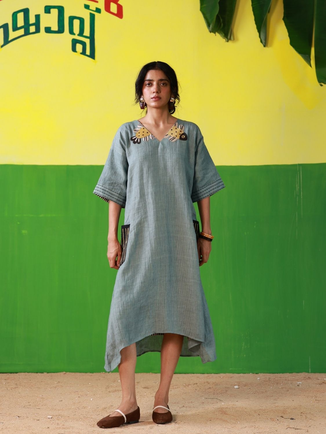 Winglore - Hand Embroidered Oil Blue Linen Kaftan Dress - CiceroniDressesWinglore