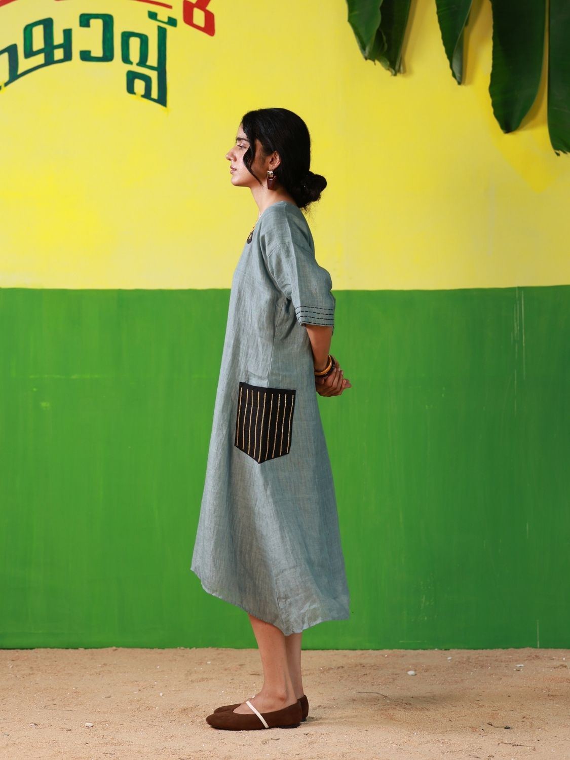 Winglore - Hand Embroidered Oil Blue Linen Kaftan Dress - CiceroniDressesWinglore