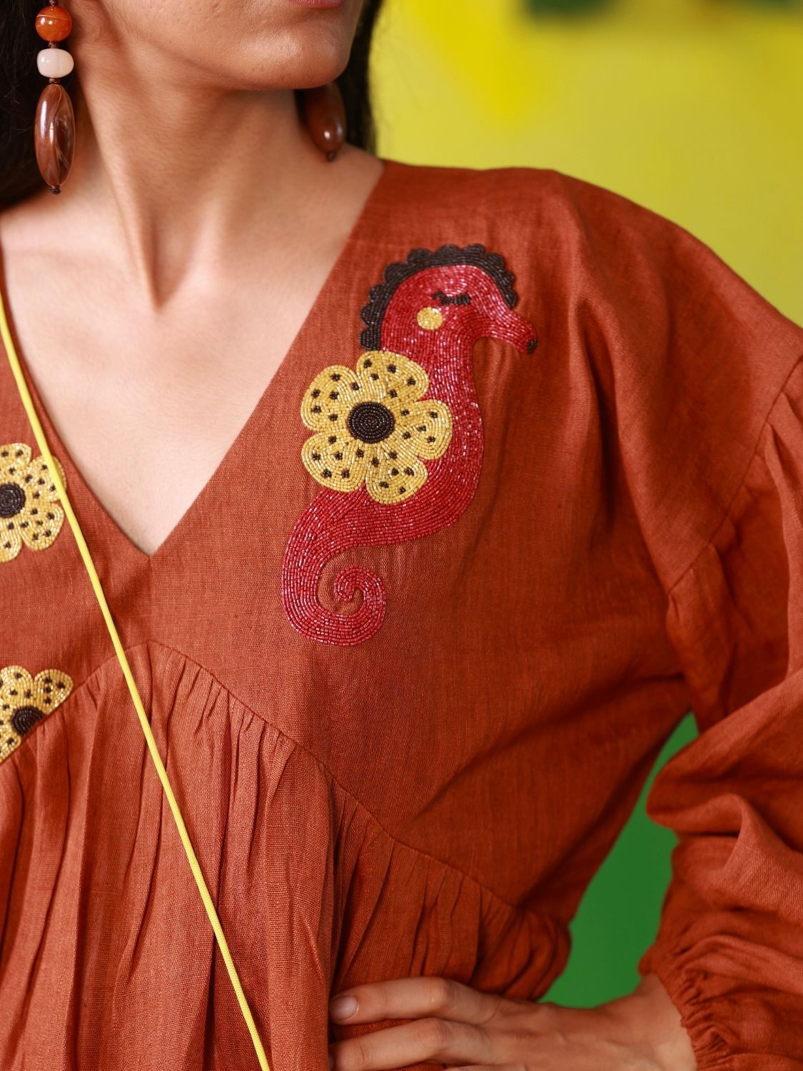 Winglore - Hand Embroidered Seahorses Linen V-Neck Dress - CiceroniDressesWinglore