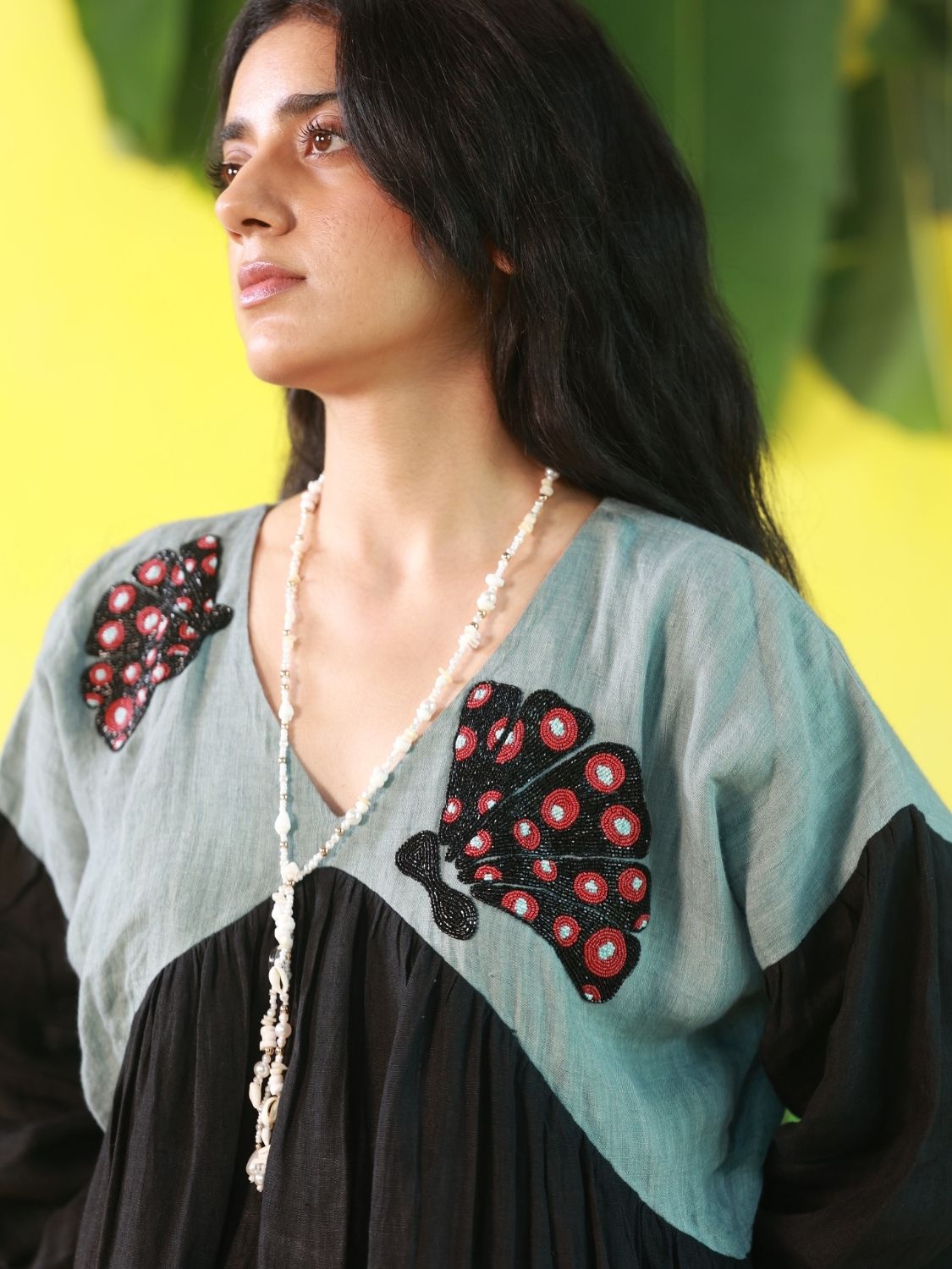 Winglore - Hand Embroidered Shell Linen V-Neck Dress - CiceroniDressesWinglore
