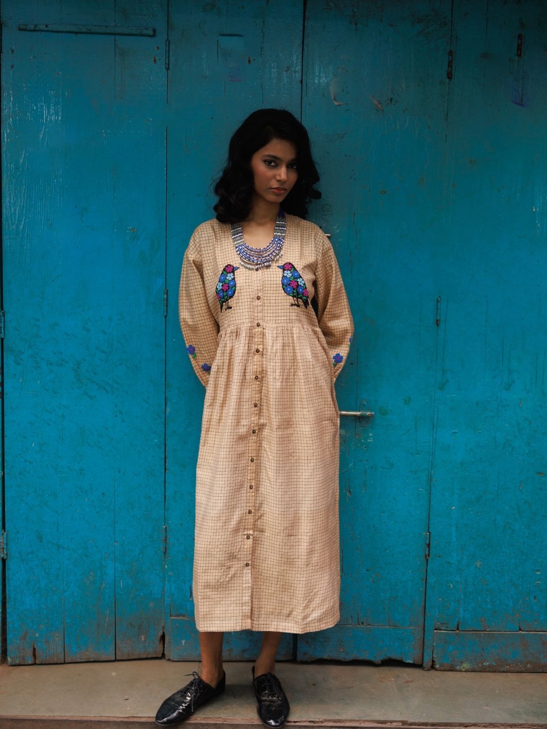 Winglore - Hand Emrbroidered Kosa Silk Birds Empire-line dress - CiceroniDressesWinglore