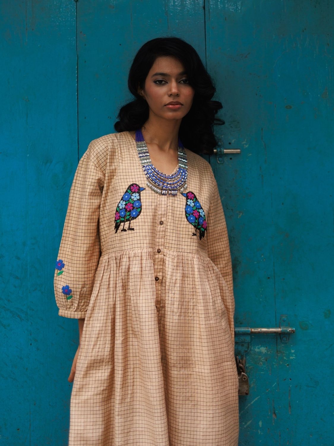 Winglore - Hand Emrbroidered Kosa Silk Birds Empire-line dress - CiceroniDressesWinglore