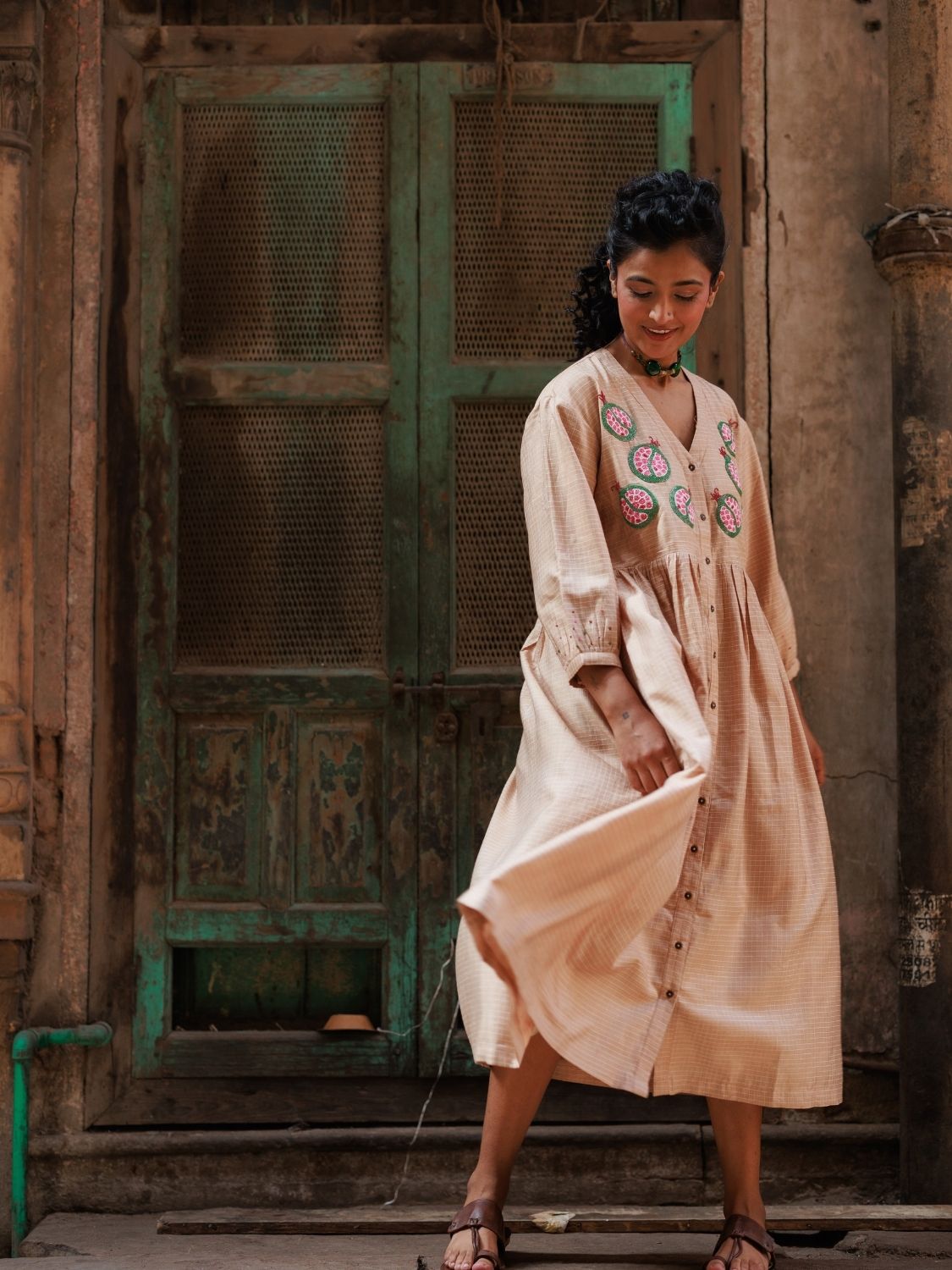 Winglore - Hand Emrbroidered Kosa Silk pomegranate Empire-line dress - CiceroniDressesWinglore