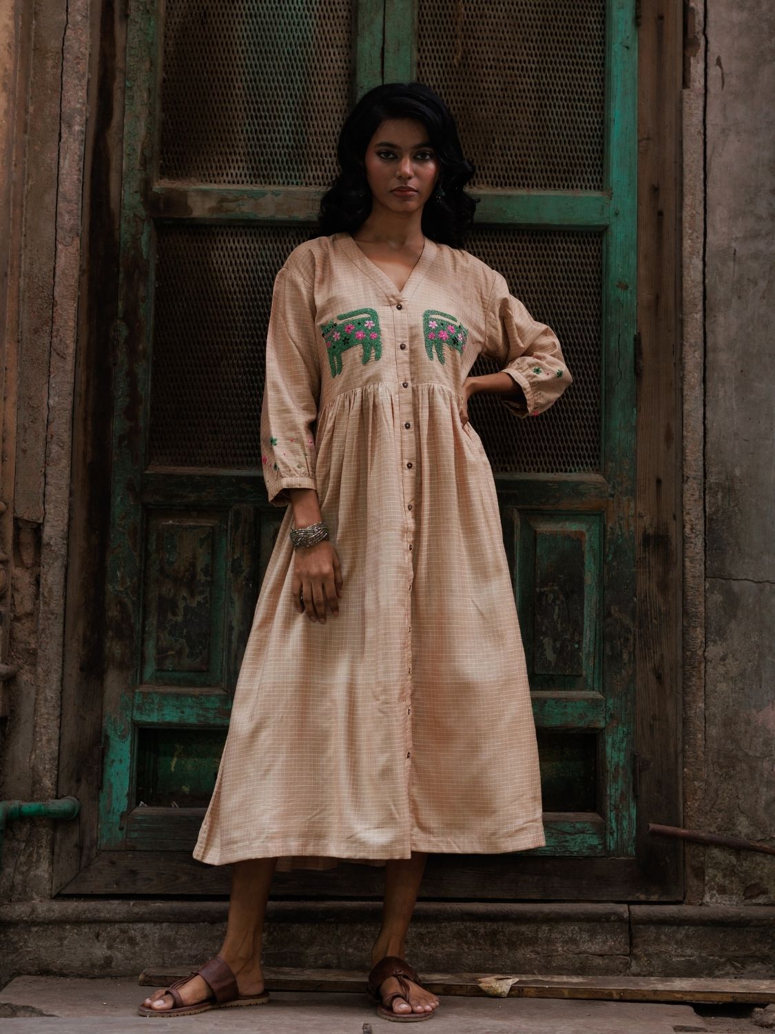Winglore - Hand Emrbroidered Kosa Silk Quirky Cats Empire-line dress - CiceroniDressesWinglore