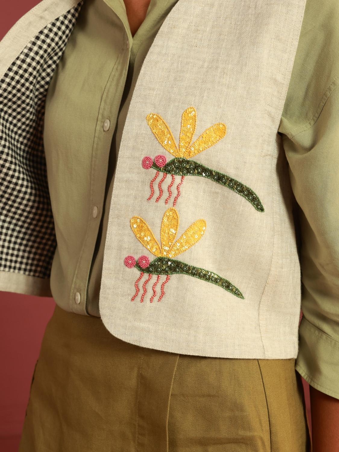 Winglore - Ivory Beige Wingin' It Dragonflies Hand Embroidered Gilet - CiceroniJacketsWinglore