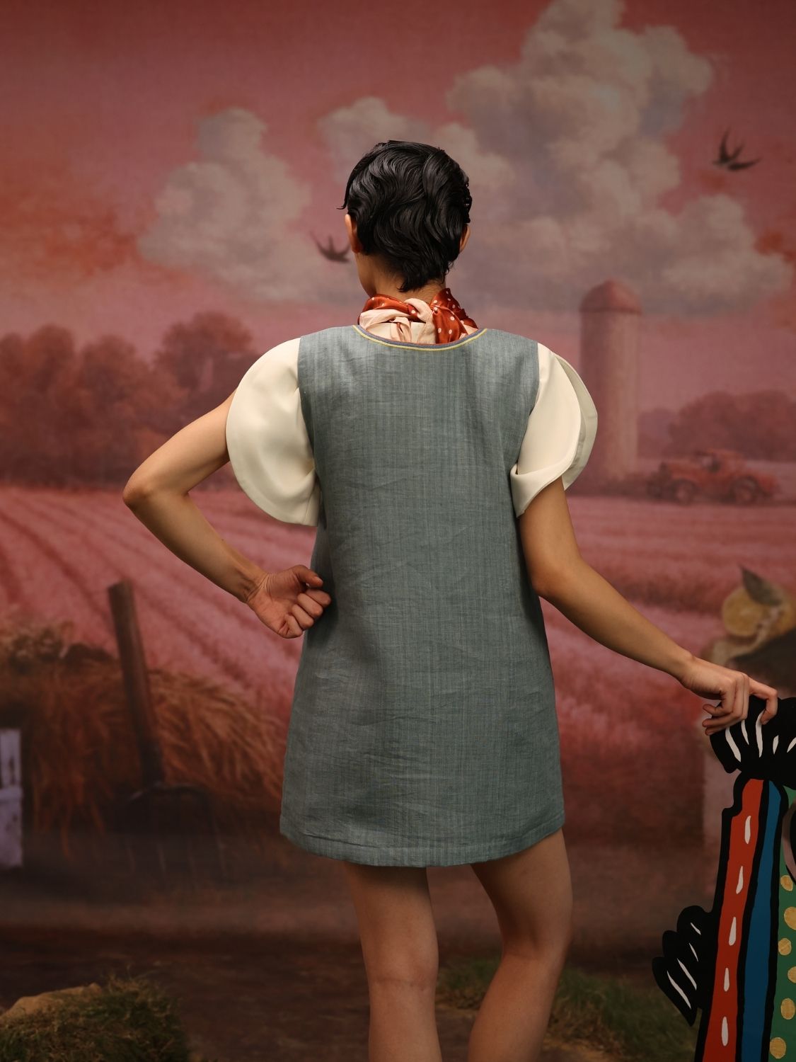 Winglore - Oil Blue Linen Hand Embroidered Fish Short Dress - CiceroniDressesWinglore