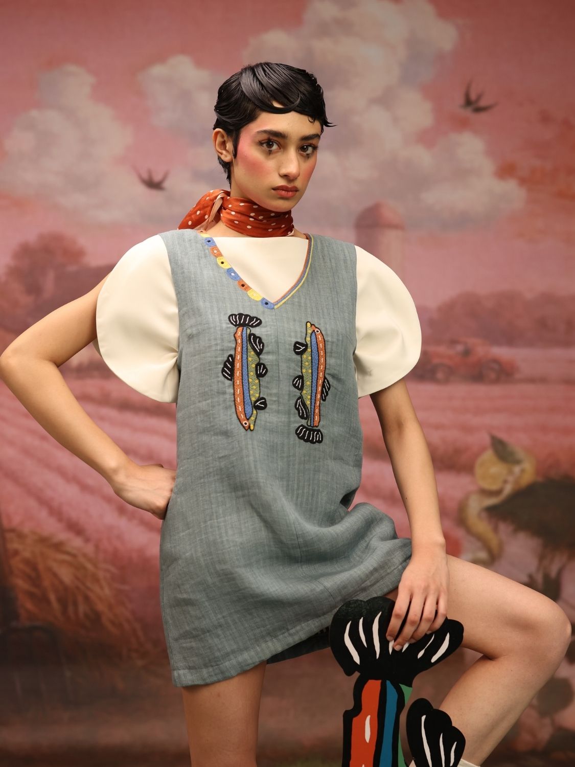 Winglore - Oil Blue Linen Hand Embroidered Fish Short Dress - CiceroniDressesWinglore
