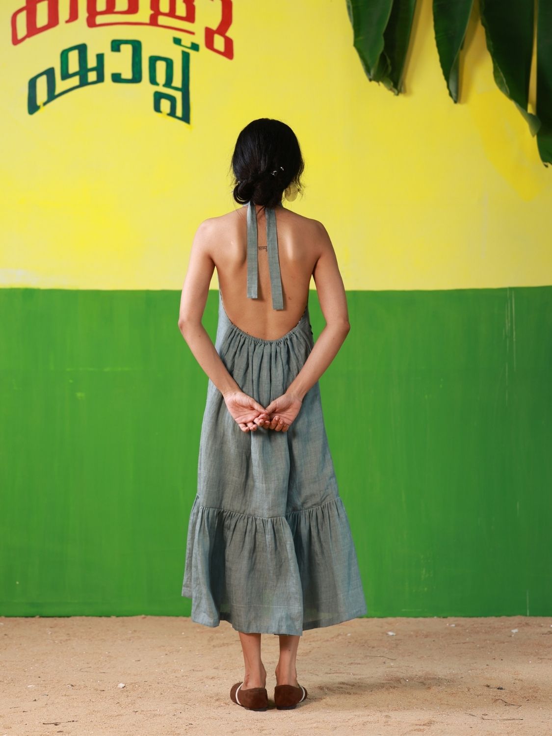 Winglore - Oil Blue Linen Hand Embroidered Halter Tent Dress - CiceroniDressesWinglore