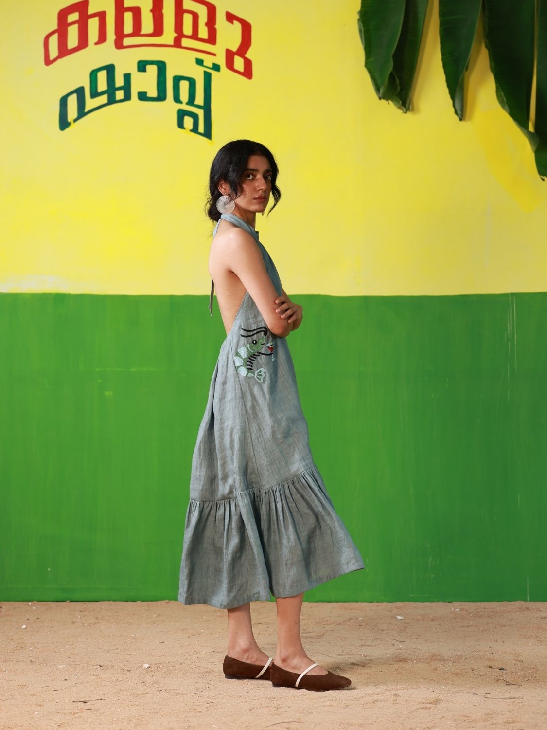 Winglore - Oil Blue Linen Hand Embroidered Halter Tent Dress - CiceroniDressesWinglore