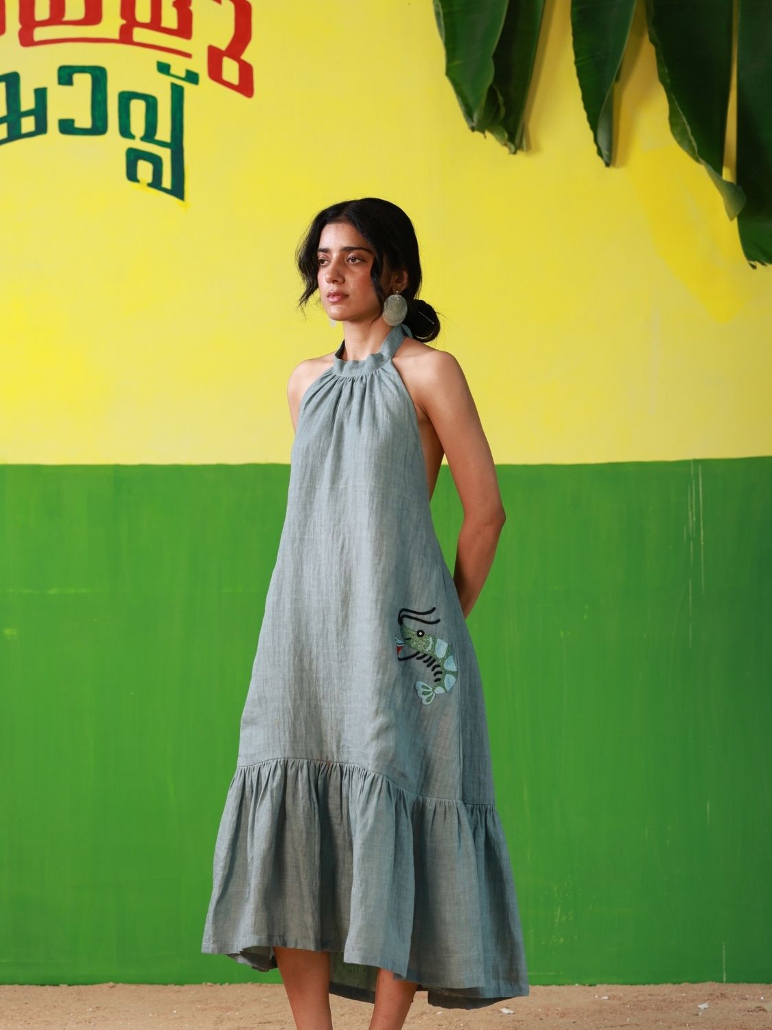 Winglore - Oil Blue Linen Hand Embroidered Halter Tent Dress - CiceroniDressesWinglore