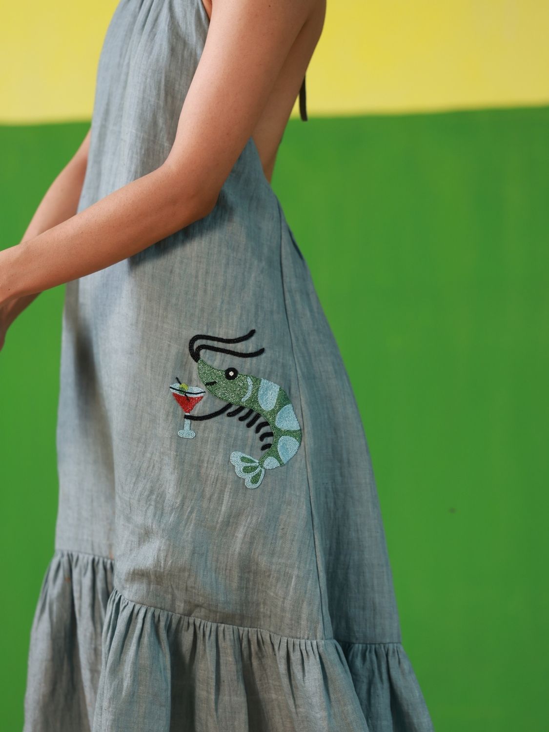 Winglore - Oil Blue Linen Hand Embroidered Halter Tent Dress - CiceroniDressesWinglore