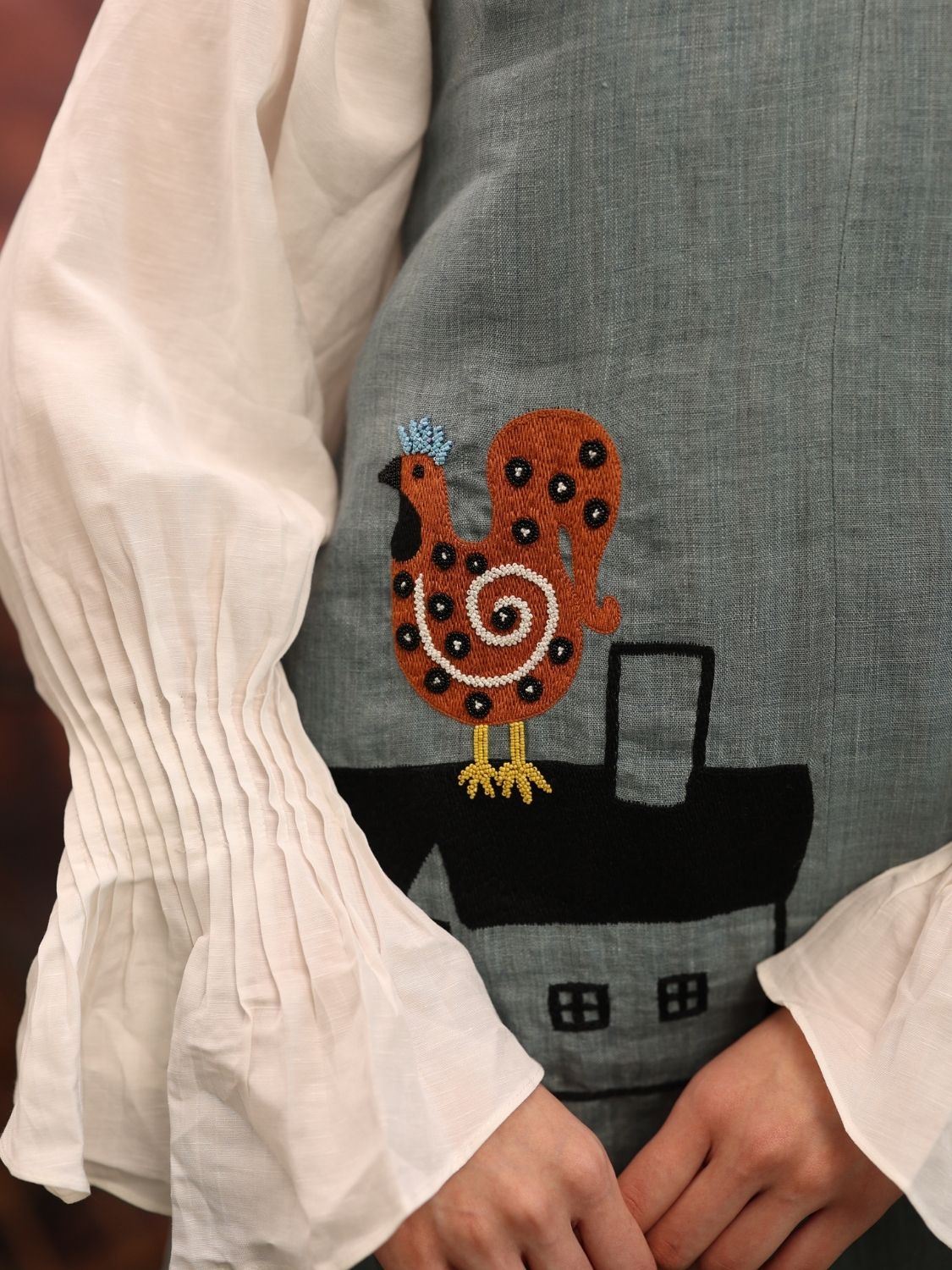 Winglore - Oil Blue Linen Hand Embroidered Roof & Roost Short Dress - CiceroniDressesWinglore