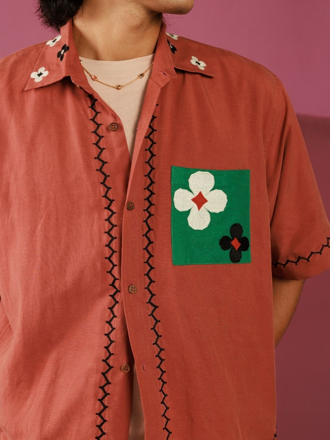 Winglore - Petal Patch Hand Embroiderd Pure Linen Oversized Shirt - CiceroniUnisex ShirtsWinglore