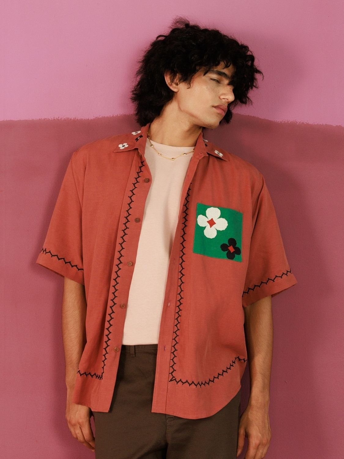Winglore - Petal Patch Hand Embroiderd Pure Linen Oversized Shirt - CiceroniUnisex ShirtsWinglore