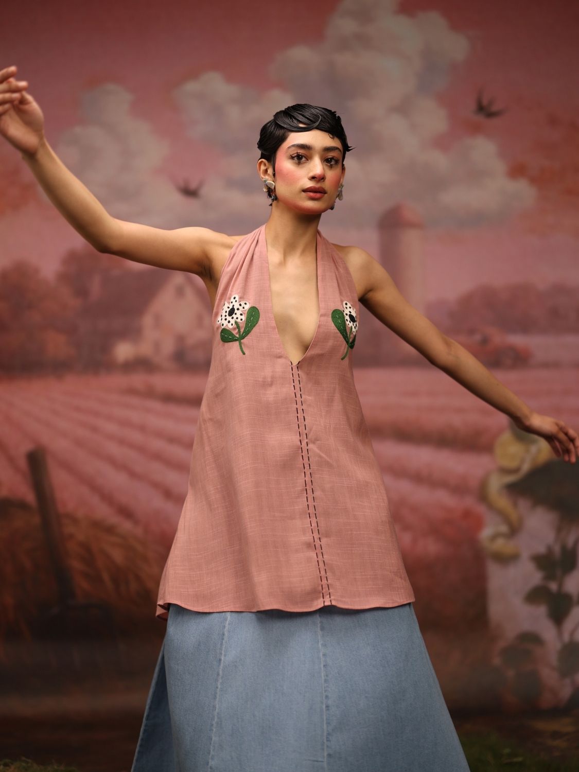 Winglore - Pink Hand Embroiderd Slub Cotton Flowers Tunic Halter Top - CiceroniTopsWinglore