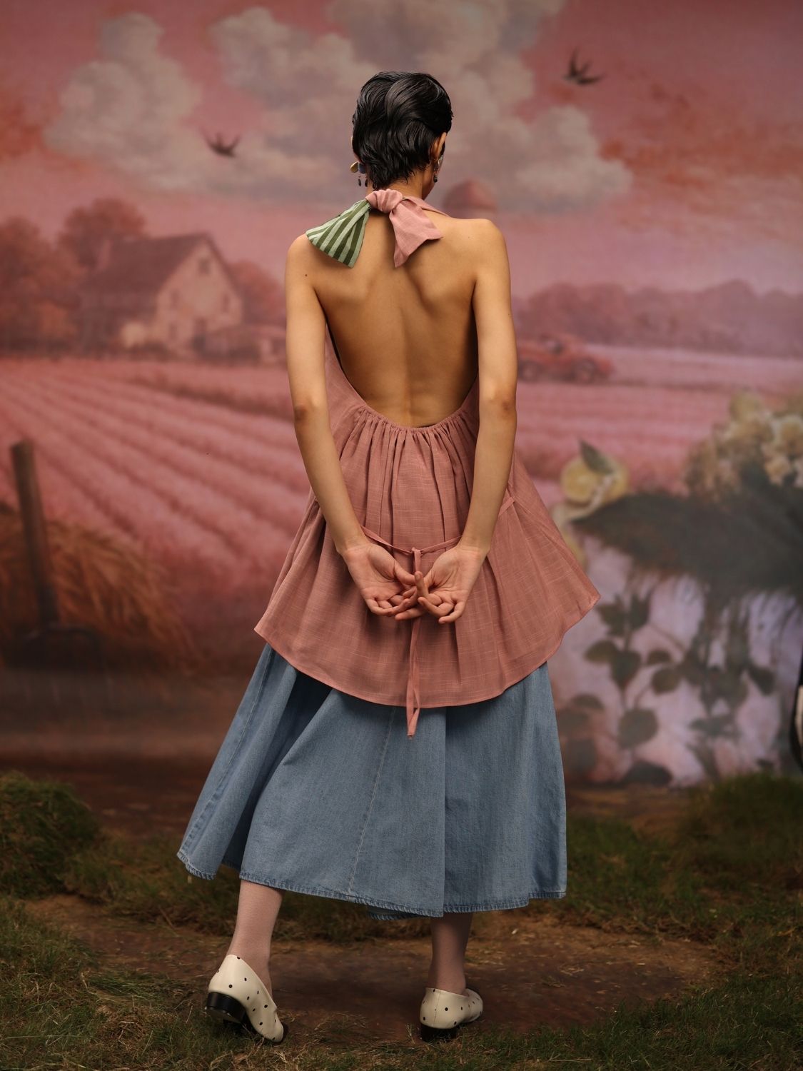 Winglore - Pink Hand Embroiderd Slub Cotton Flowers Tunic Halter Top - CiceroniTopsWinglore