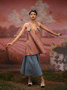 Winglore - Pink Hand Embroiderd Slub Cotton Flowers Tunic Halter Top - CiceroniTopsWinglore