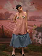 Winglore - Pink Hand Embroiderd Slub Cotton Flowers Tunic Halter Top - CiceroniTopsWinglore