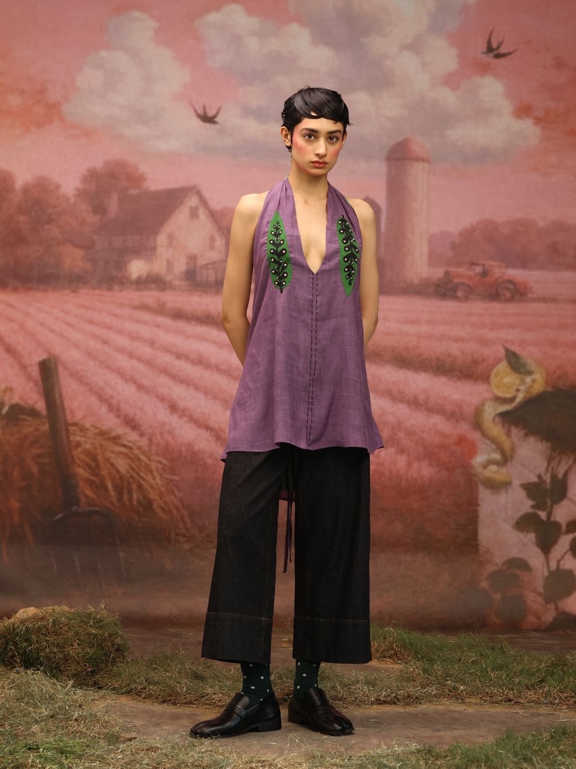 Winglore - Purple Hand Embroiderd Slub Cotton Leaf Tunic Halter Top - CiceroniTopsWinglore
