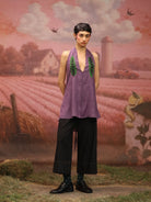 Winglore - Purple Hand Embroiderd Slub Cotton Leaf Tunic Halter Top - CiceroniTopsWinglore