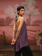 Winglore - Purple Hand Embroiderd Slub Cotton Leaf Tunic Halter Top - CiceroniTopsWinglore