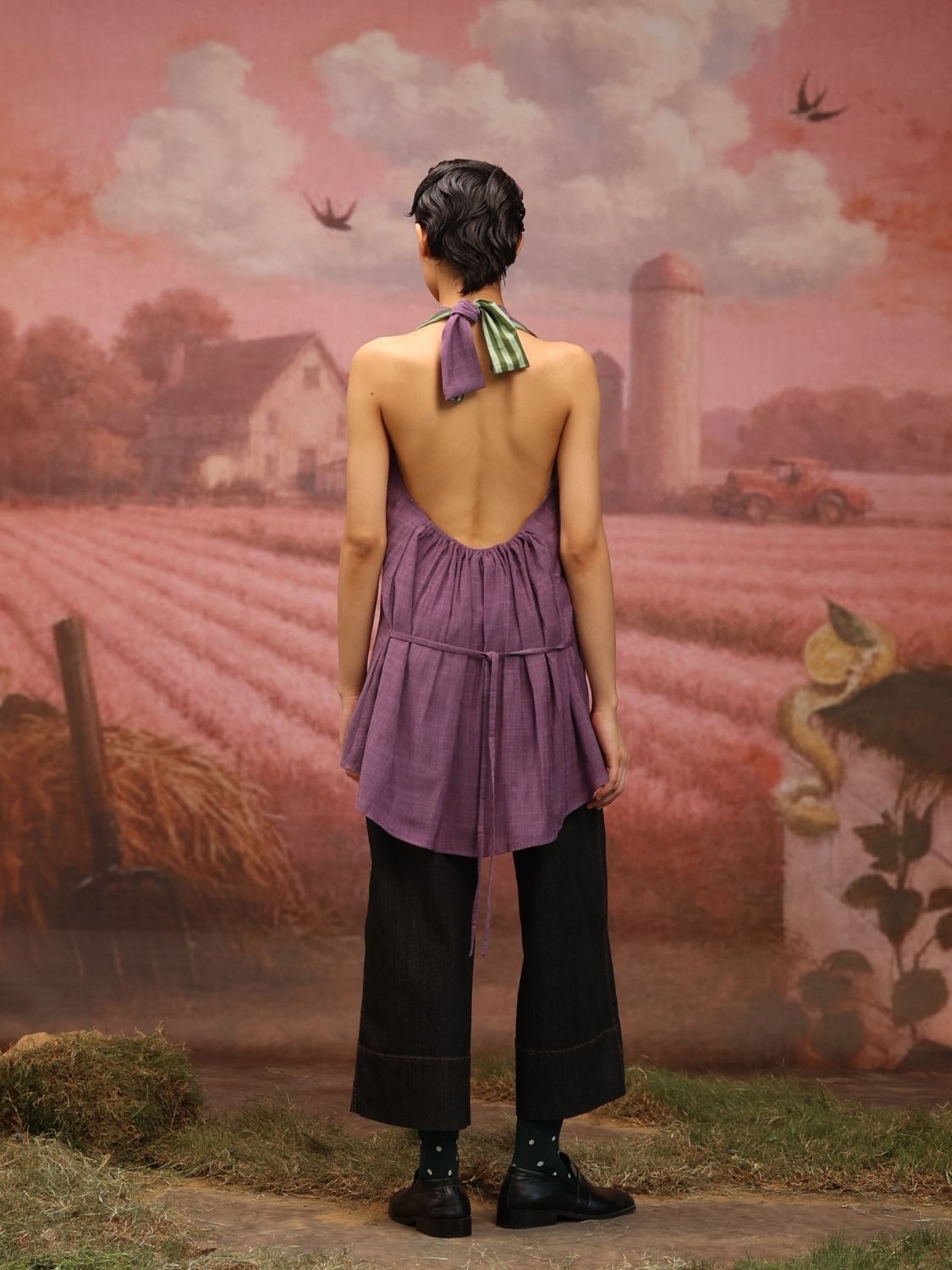 Winglore - Purple Hand Embroiderd Slub Cotton Leaf Tunic Halter Top - CiceroniTopsWinglore