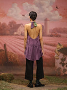 Winglore - Purple Hand Embroiderd Slub Cotton Leaf Tunic Halter Top - CiceroniTopsWinglore