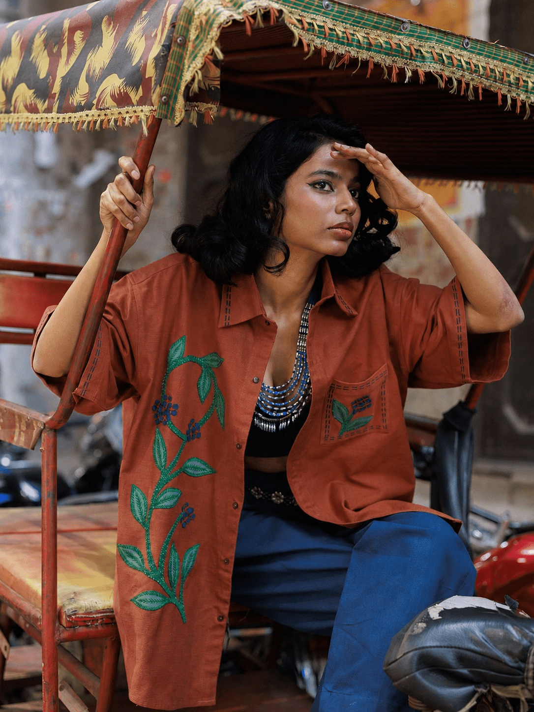 Winglore - Rust Appliqué Hand Embroiderd Pure Linen Vine Oversized Shirt - CiceroniUnisex ShirtsWinglore