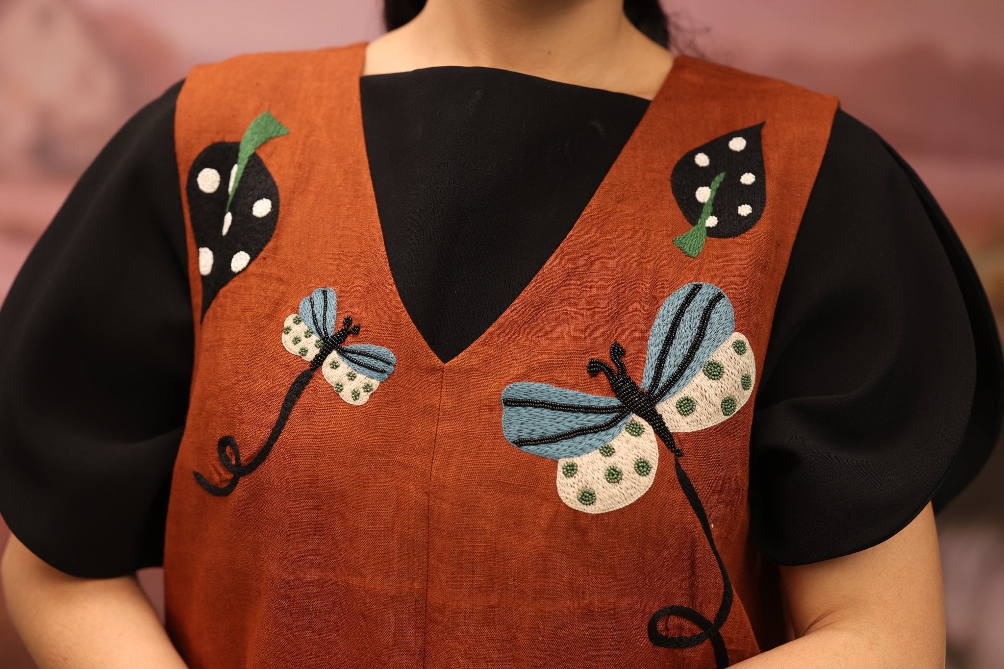 Winglore - Rust Linen Hand Embroidered Butterfly Short Dress - CiceroniDressesWinglore