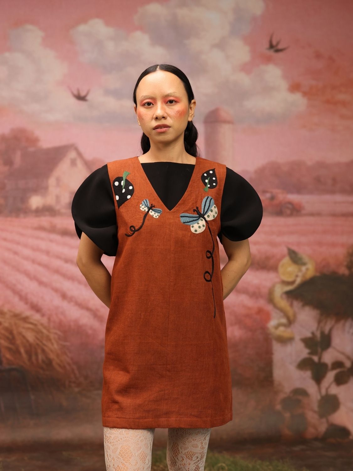Winglore - Rust Linen Hand Embroidered Butterfly Short Dress - CiceroniDressesWinglore