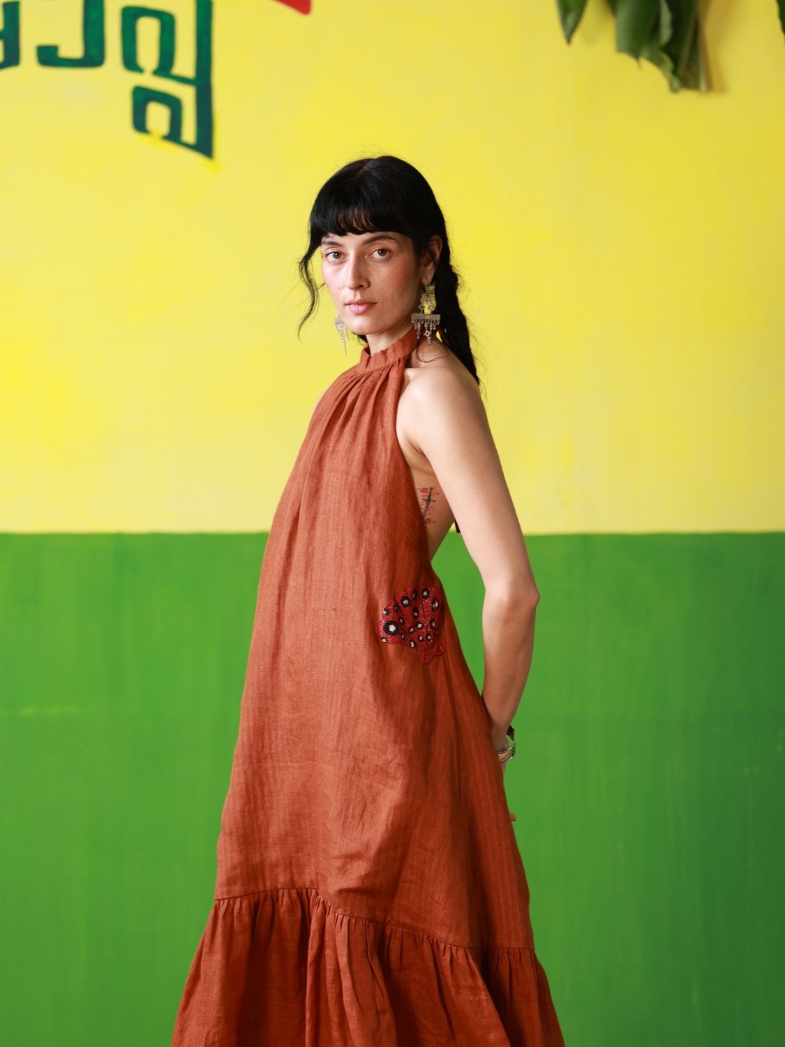 Winglore - Rust Linen Hand Embroidered Halter Tent Dress - CiceroniDressesWinglore