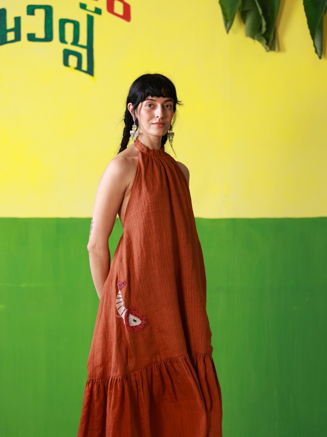 Winglore - Rust Linen Hand Embroidered Halter Tent Dress - CiceroniDressesWinglore