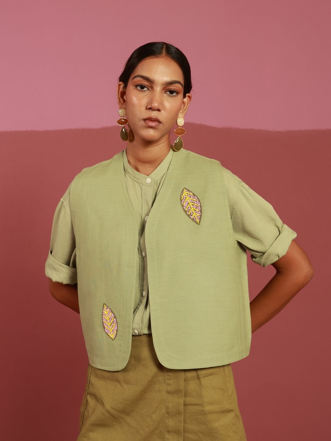 Winglore - Sage Green Leaf it On Hand Embroidered Gilet - CiceroniJacketsWinglore