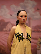 Winglore - Yellow Hand Embroiderd Slub Cotton Cat Tunic Halter Top - CiceroniTopsWinglore