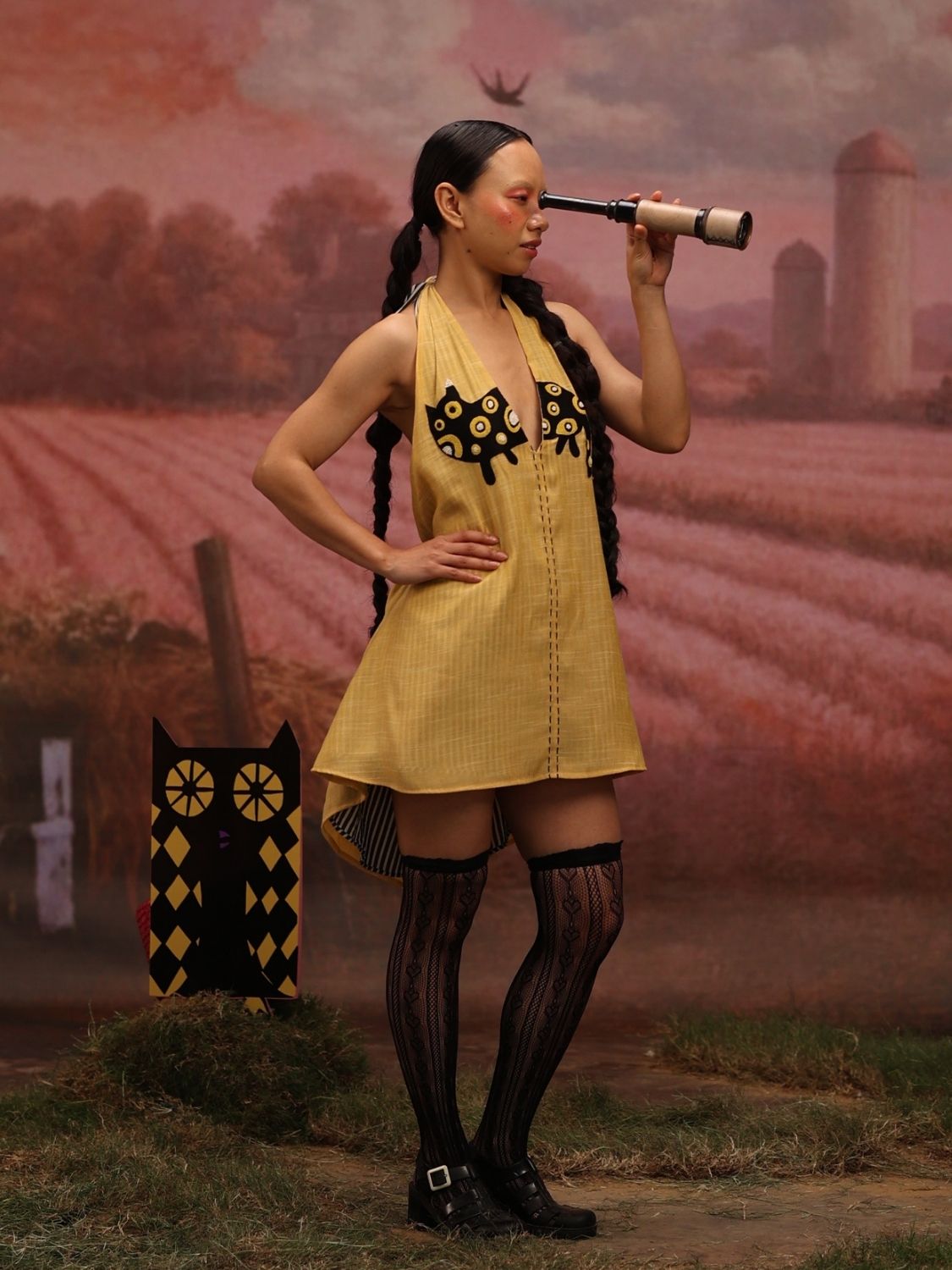 Winglore - Yellow Hand Embroiderd Slub Cotton Cat Tunic Halter Top - CiceroniTopsWinglore
