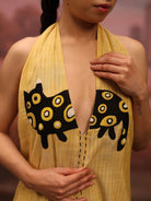 Winglore - Yellow Hand Embroiderd Slub Cotton Cat Tunic Halter Top - CiceroniTopsWinglore