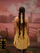 Winglore - Yellow Hand Embroiderd Slub Cotton Cat Tunic Halter Top - CiceroniTopsWinglore