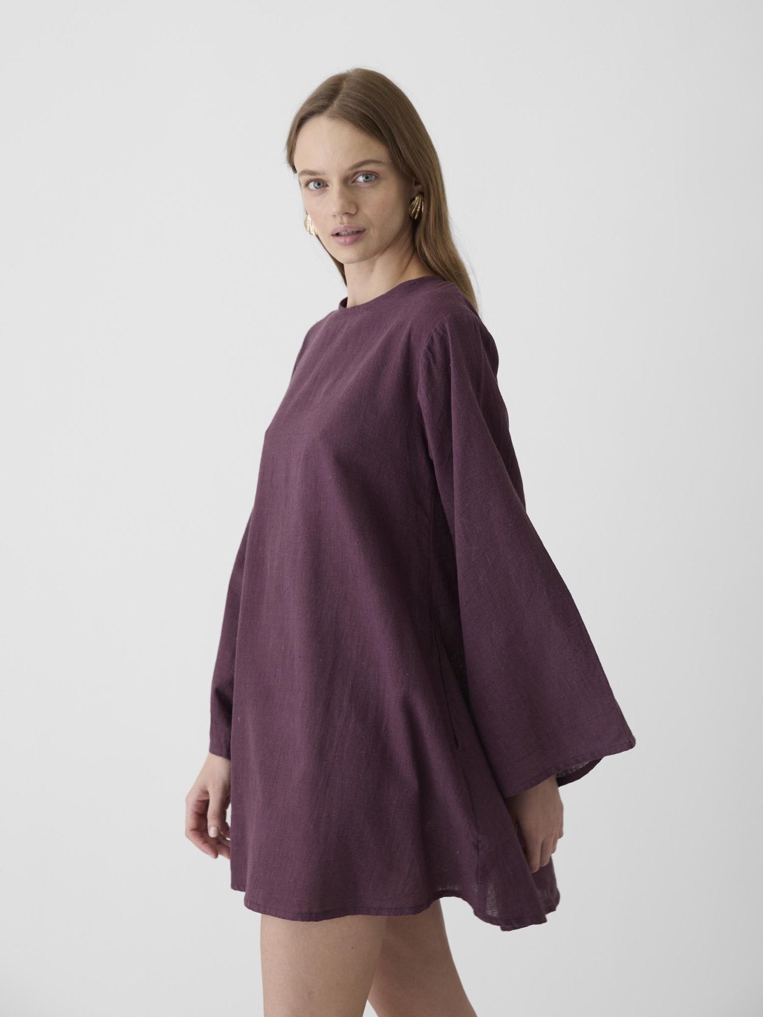 Women's Bell Sleeve Short Dress - Aubergine Purple - CiceroniDressesMareen