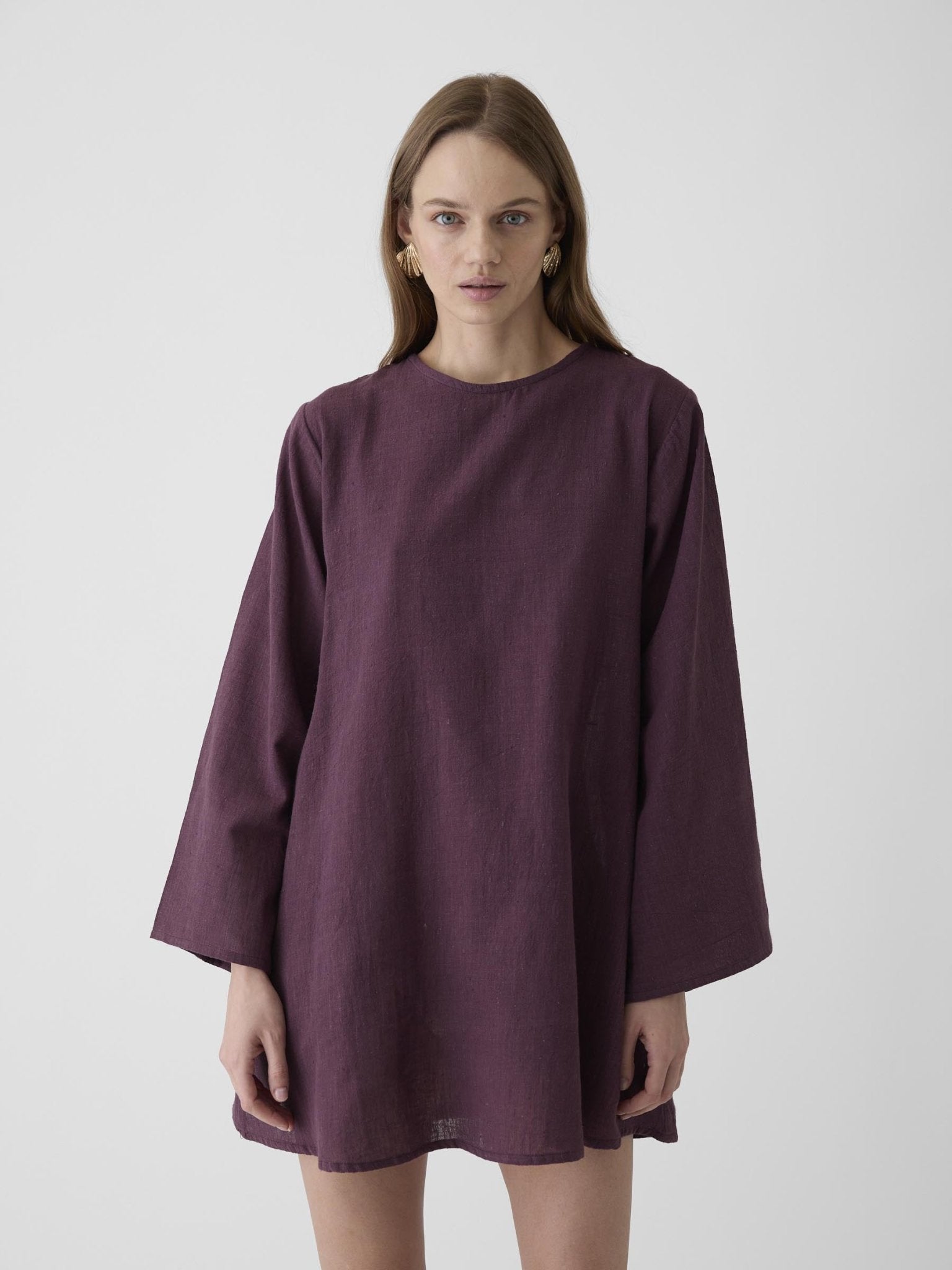 Women's Bell Sleeve Short Dress - Aubergine Purple - CiceroniDressesMareen
