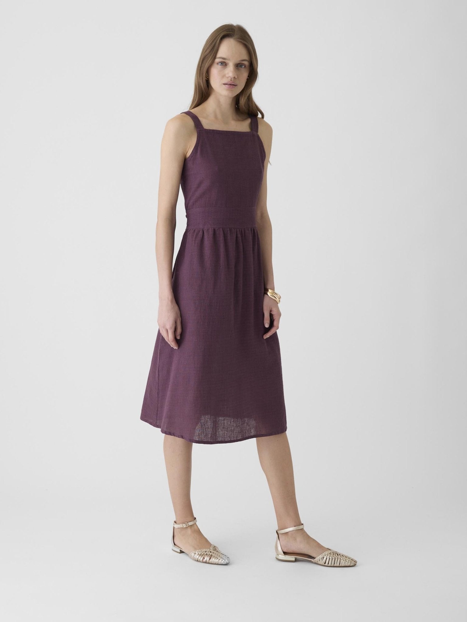Women's Tie - Waist Midi Dress - Aubergine Purple - CiceroniDressesMareen