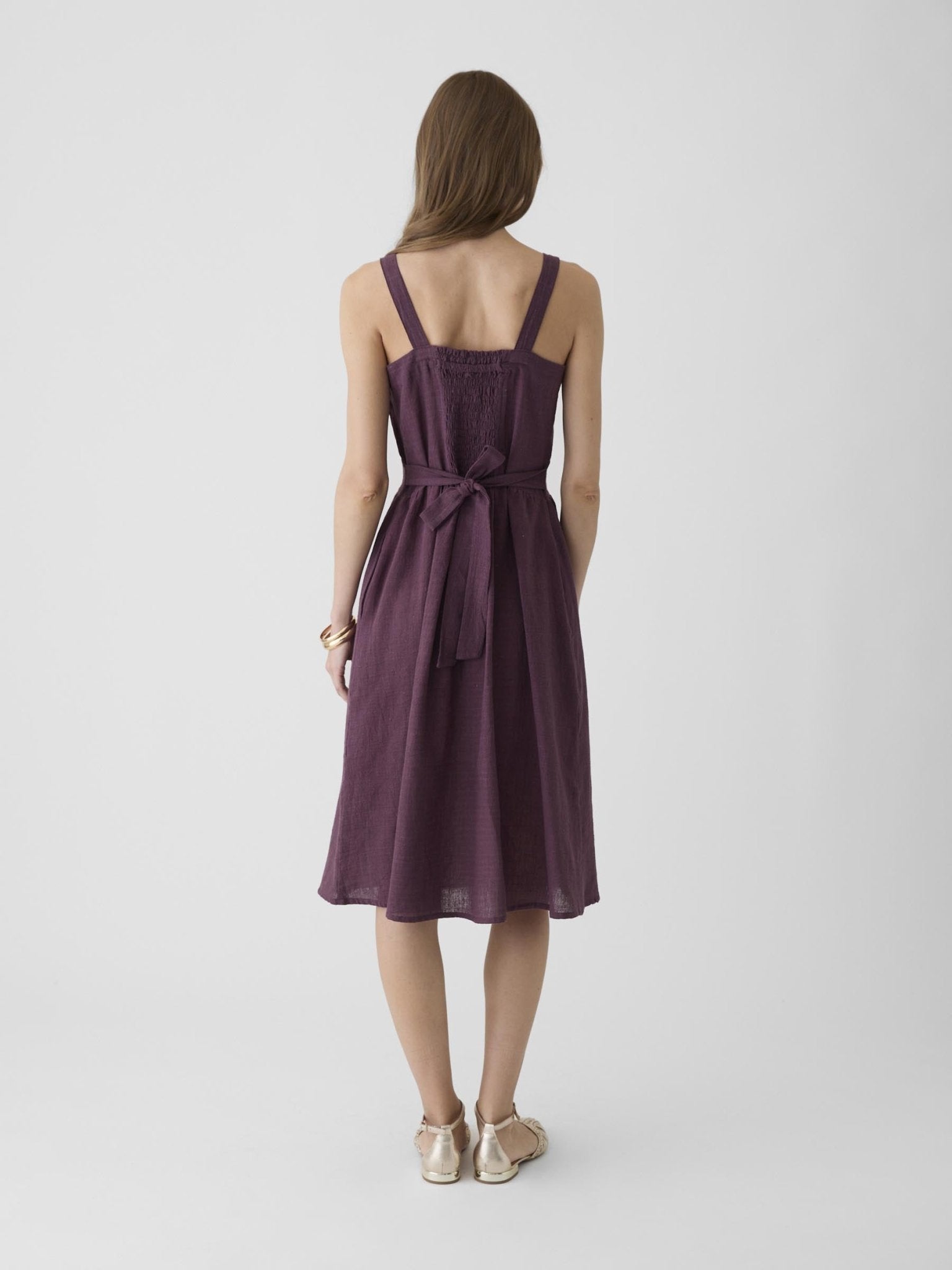 Women's Tie - Waist Midi Dress - Aubergine Purple - CiceroniDressesMareen
