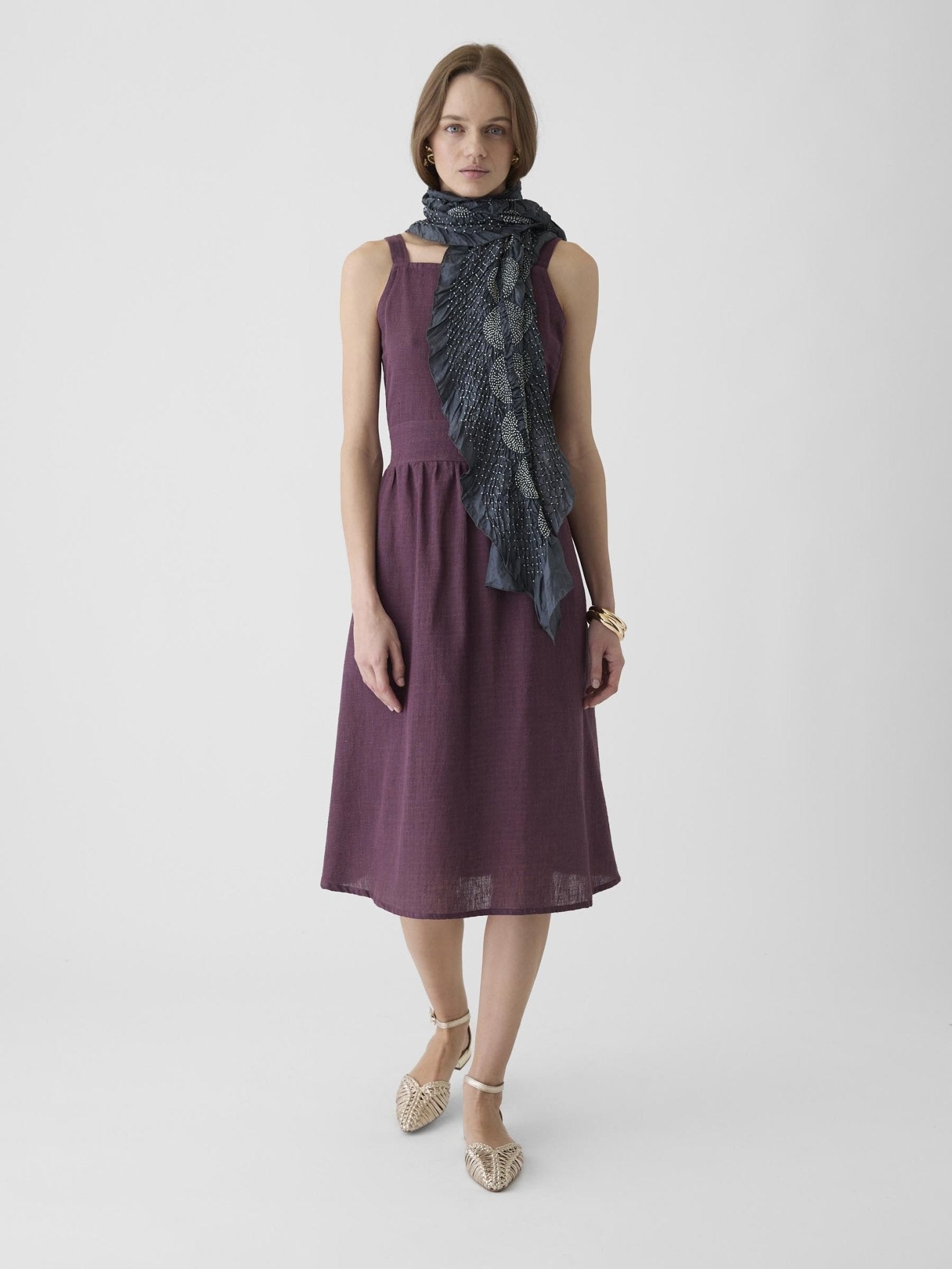Women's Tie - Waist Midi Dress - Aubergine Purple - CiceroniDressesMareen