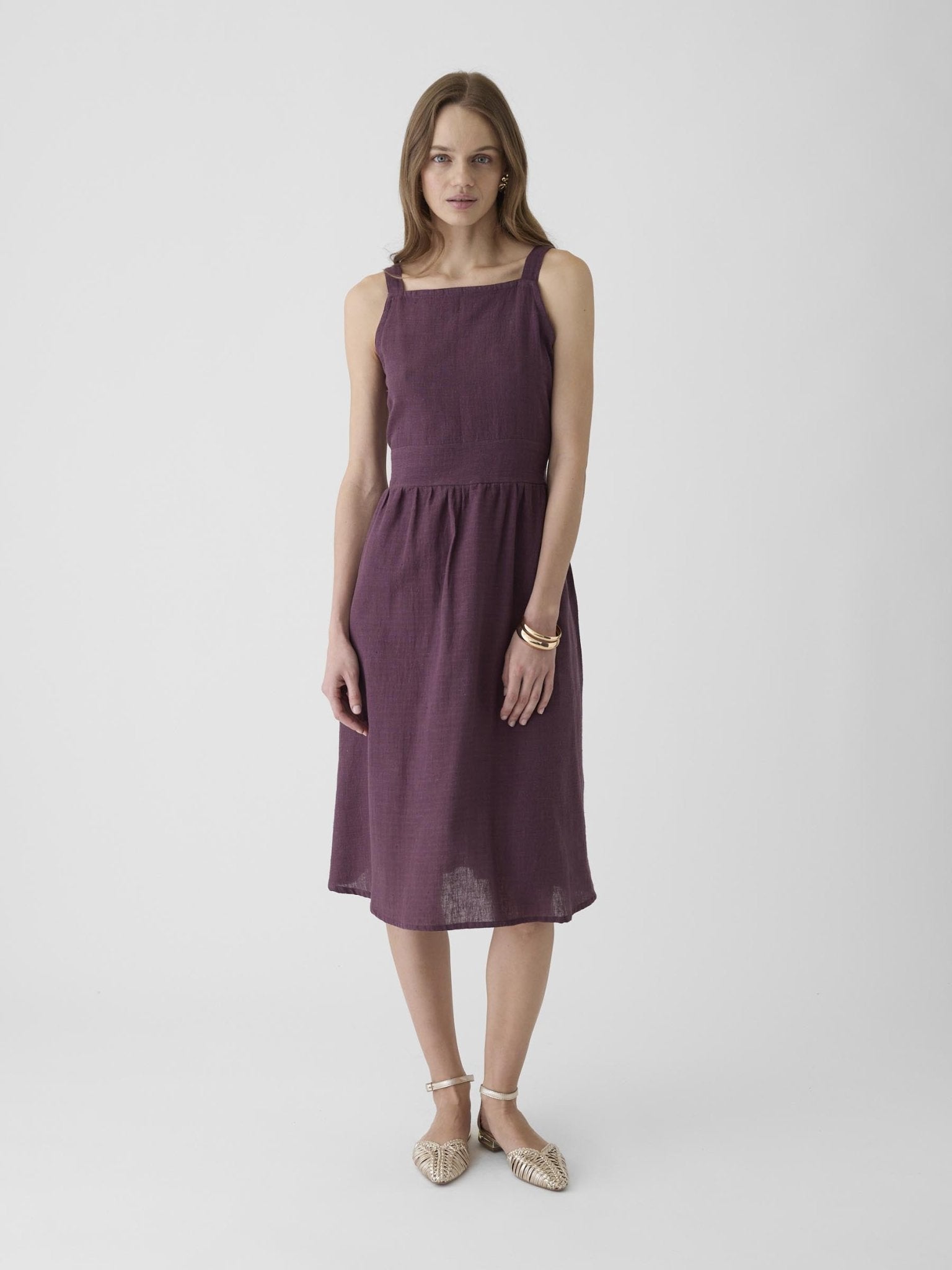 Women's Tie - Waist Midi Dress - Aubergine Purple - CiceroniDressesMareen