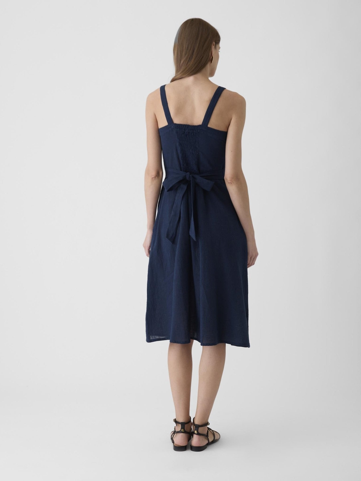 Women's Tie - Waist Midi Dress - Navy Blue - CiceroniDressesMareen