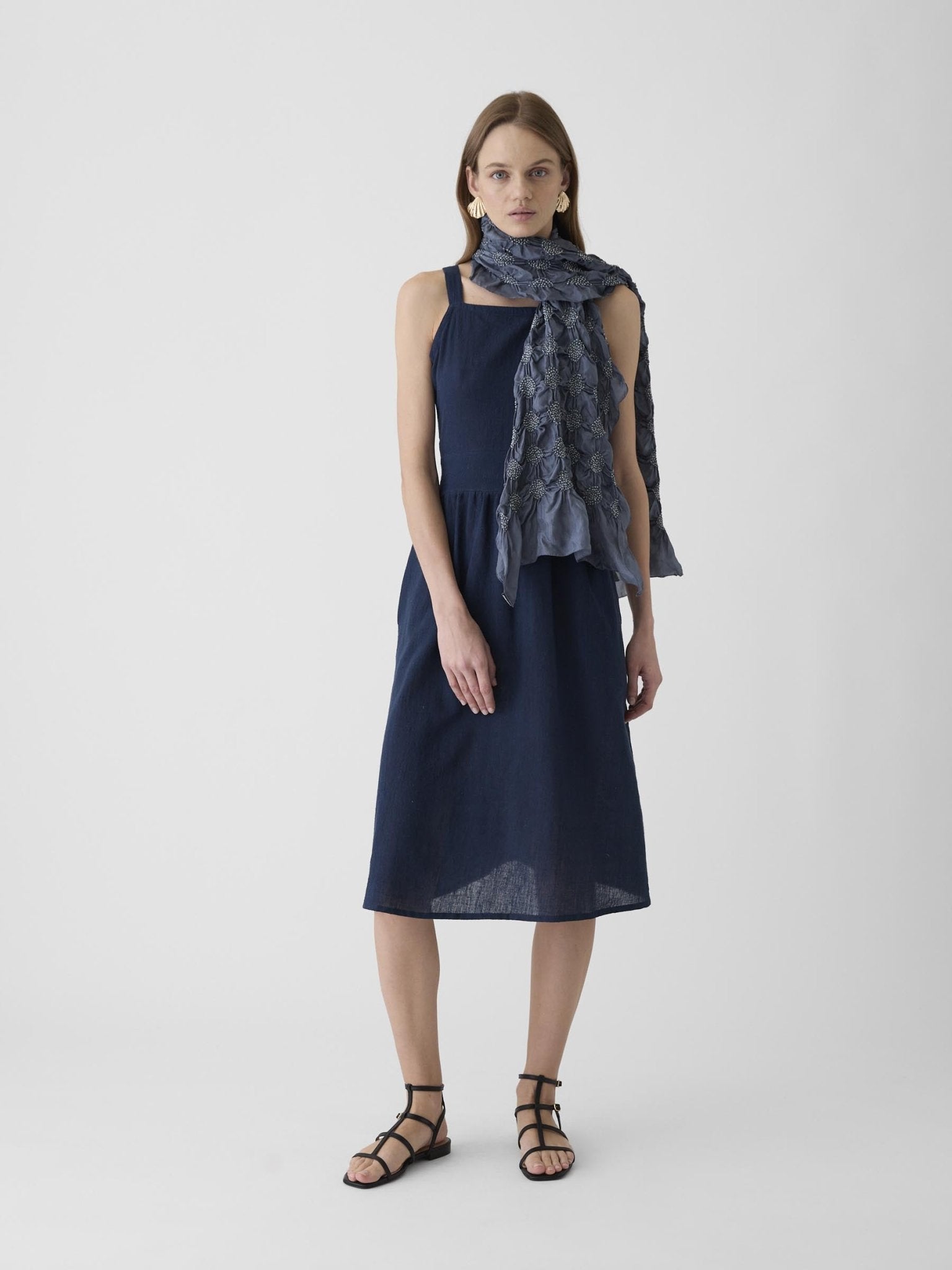 Women's Tie - Waist Midi Dress - Navy Blue - CiceroniDressesMareen