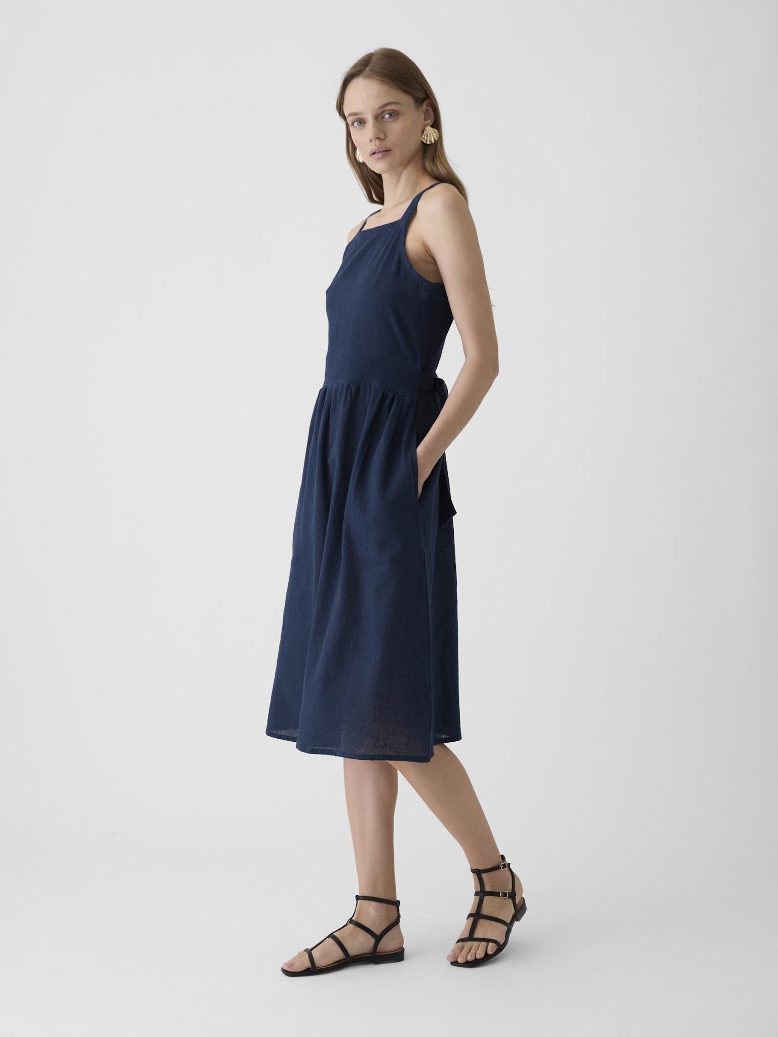 Women's Tie - Waist Midi Dress - Navy Blue - CiceroniDressesMareen