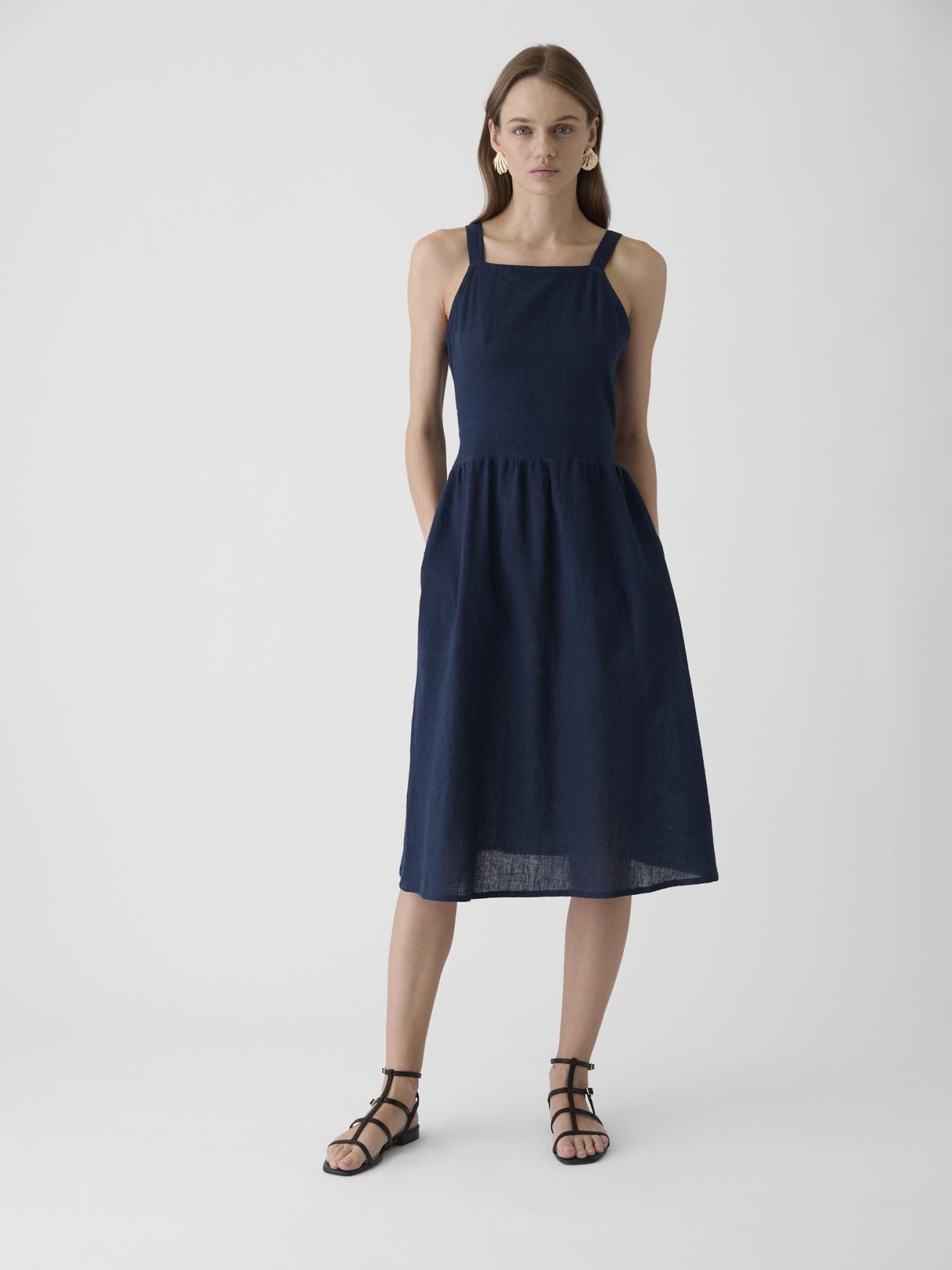 Women's Tie - Waist Midi Dress - Navy Blue - CiceroniDressesMareen
