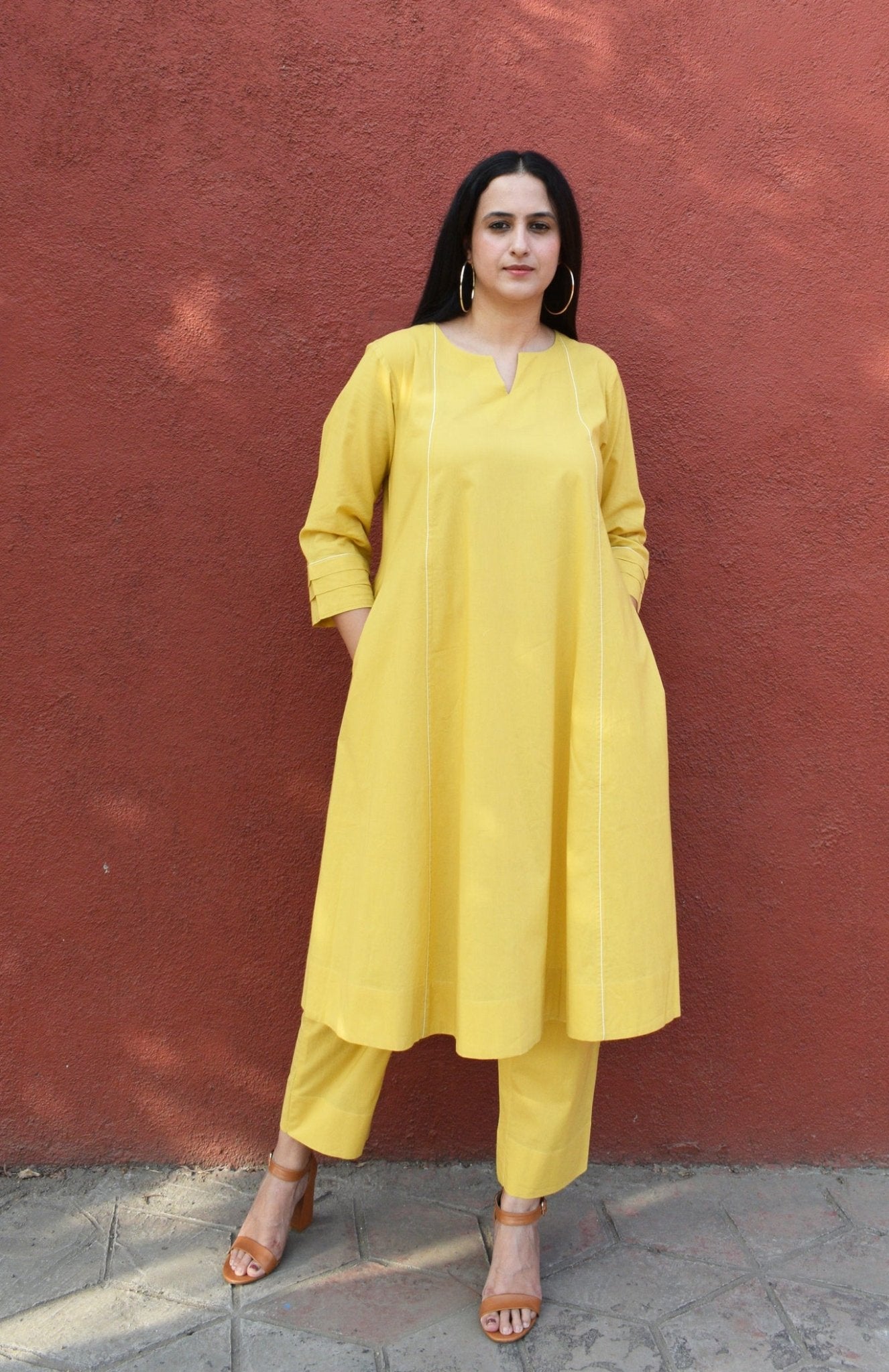 Yellow A line Cotton Kurta with Panels and Yellow Pyjama - CiceroniKurta Set, Everyday WearHouse of Moxa